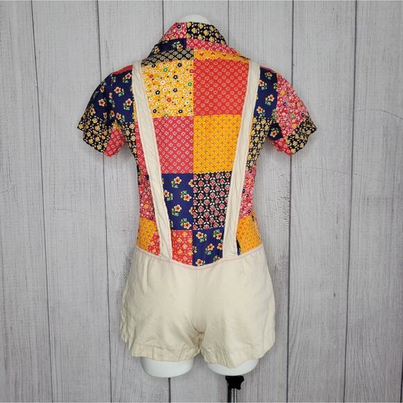 Vintage 70s Patchwork Dagger Collar Button Up Romper with Suspenders - Picture 3 of 5